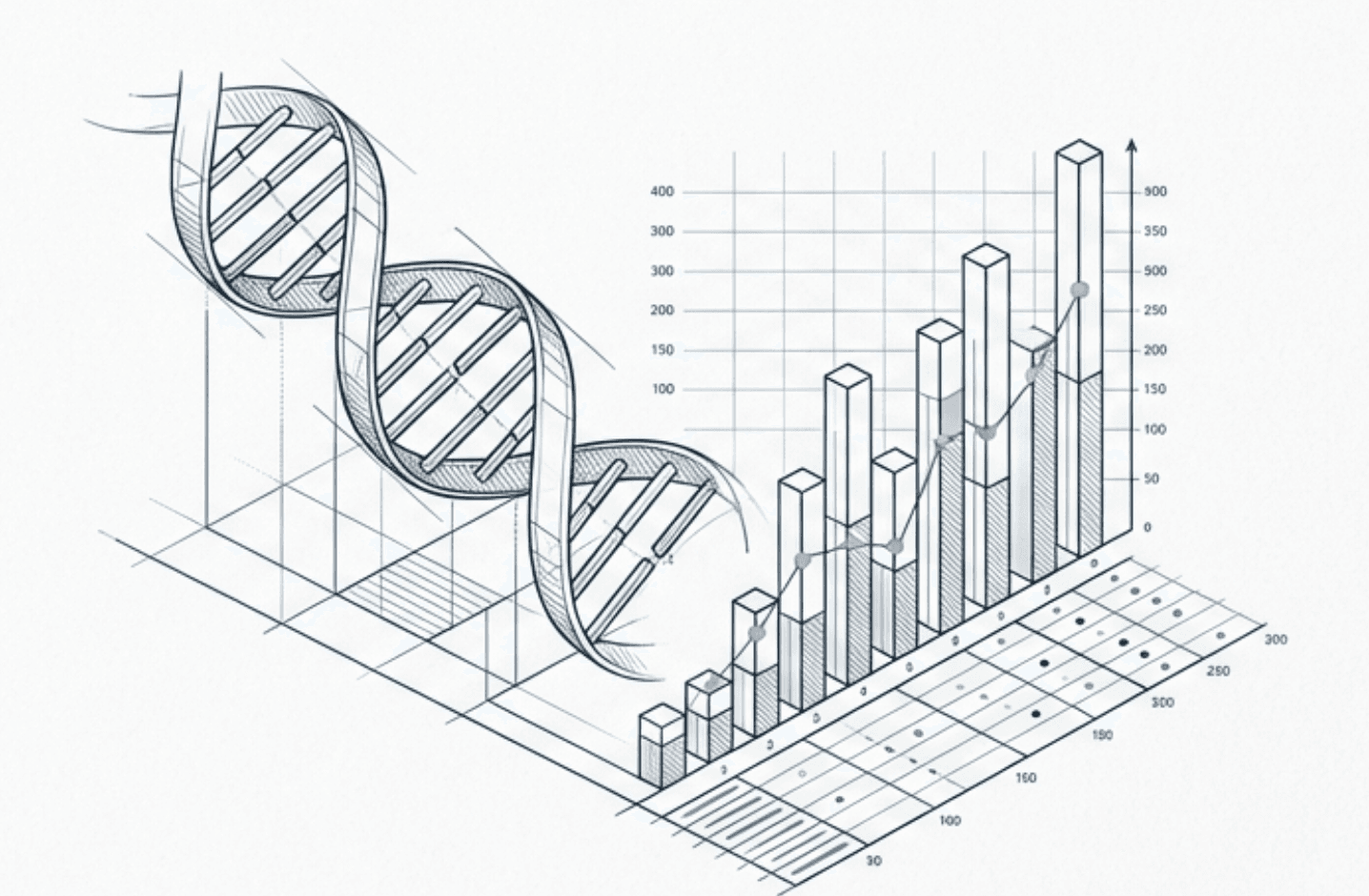 DNA double helix merging with data charts — transforming healthcare data into evidence